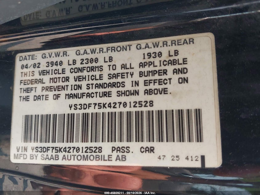 2002 Saab 9-3 VIN YS3DF75K427012528 IAAI salvage auction — NORMAL WEAR, Clear (Delaware), sold $650 on 2026-08-17 (photo 9)