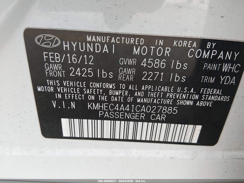 2012 Hyundai Sonata VIN KMHEC4A41CA027885 IAAI salvage auction — NORMAL WEAR, Clear (Florida), sold $425 on 2026-08-28 (photo 9)