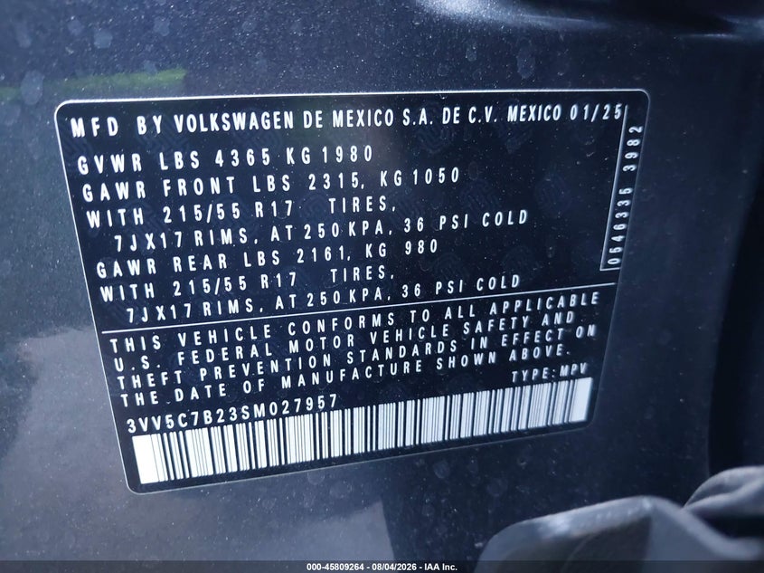 2025 Volkswagen Taos VIN 3VV5C7B23SM027957 IAAI salvage auction — FRONT END, Salvage Title, sold $8,300 on 2026-08-22 (photo 9)