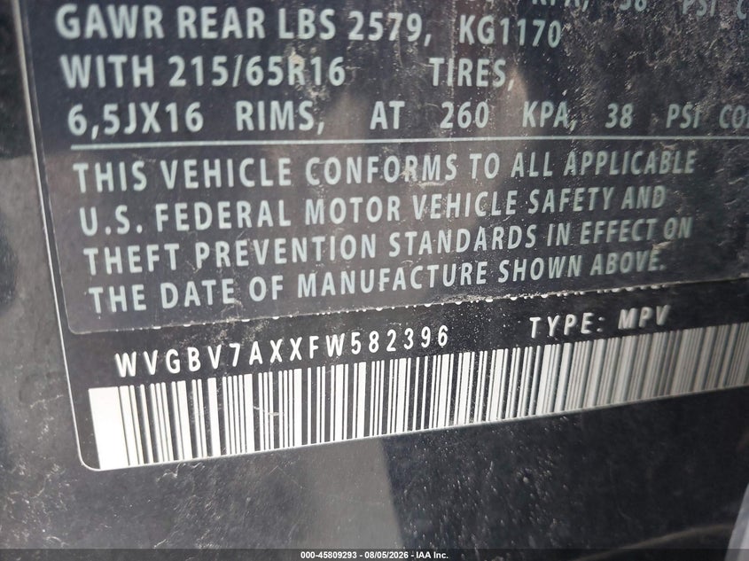 2015 Volkswagen Tiguan VIN WVGBV7AXXFW582396 IAAI salvage auction — NORMAL WEAR, Clear (New York), sold $1,225 on 2026-08-12 (photo 9)