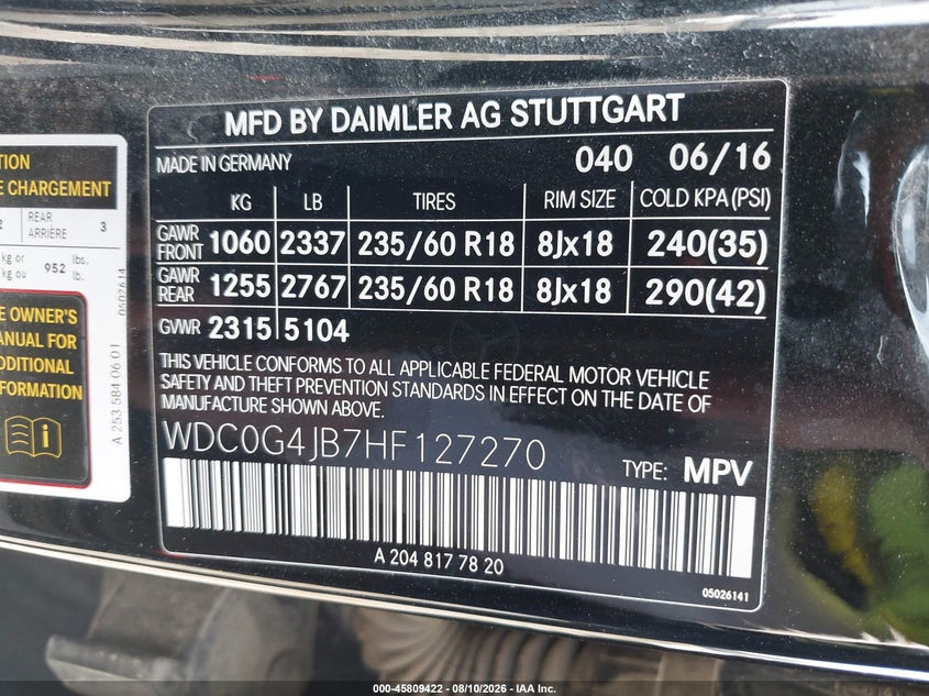 2017 Mercedes-benz Glc VIN WDC0G4JB7HF127270 IAAI salvage auction — ROLLOVER, Salvage Title, sold $1,300 on 2026-09-07 (photo 9)