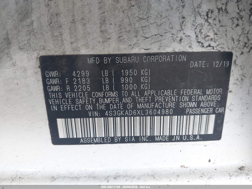 2020 Subaru Impreza VIN 4S3GKAD6XL3604980 IAAI salvage auction — REAR END, Salvage Title, sold $3,100 on 2026-09-02 (photo 9)