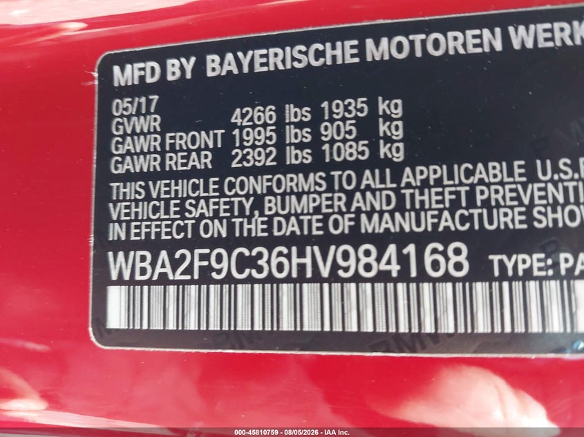 2017 BMW 2er VIN WBA2F9C36HV984168 IAAI salvage auction — FRONT END, Salvage Title, sold $4,500 on 2026-08-17 (photo 9)