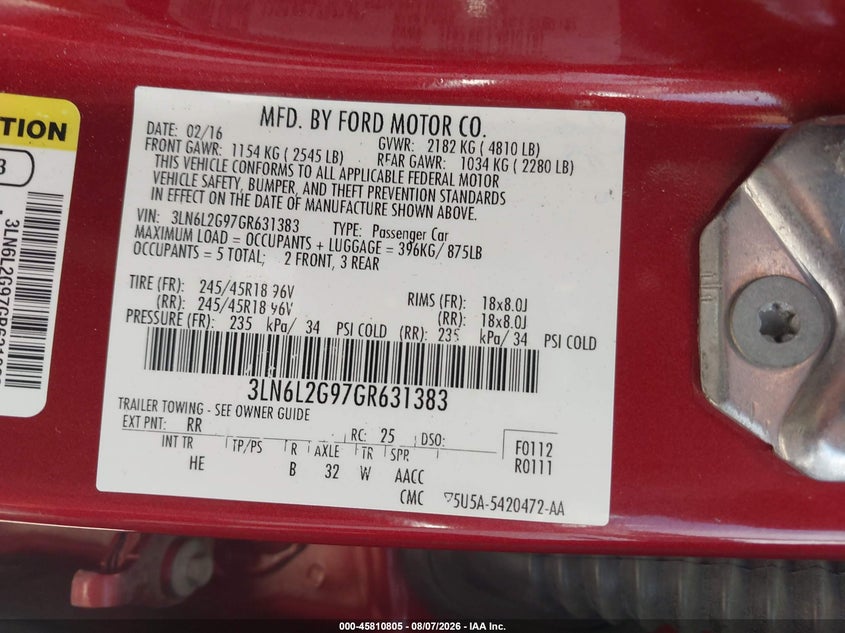 2016 Lincoln Mkz VIN 3LN6L2G97GR631383 IAAI salvage auction — UNKNOWN, Wait Title, sold $1,575 on 2026-10-06 (photo 9)