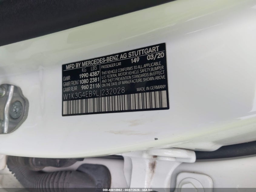 2020 Mercedes-benz A-klasse VIN W1K3G4EB9LJ232028 IAAI salvage auction — FRONT END, Salvage Title, sold $5,700 on 2026-09-26 (photo 9)