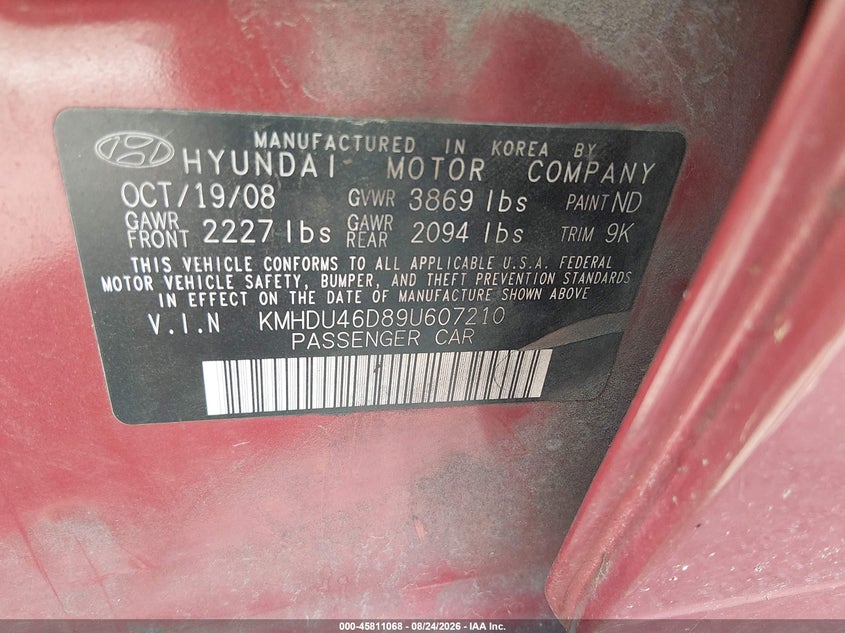 2009 Hyundai Elantra VIN KMHDU46D89U607210 IAAI salvage auction — RIGHT SIDE, Clear (Tennessee), sold $25 on 2026-09-10 (photo 9)
