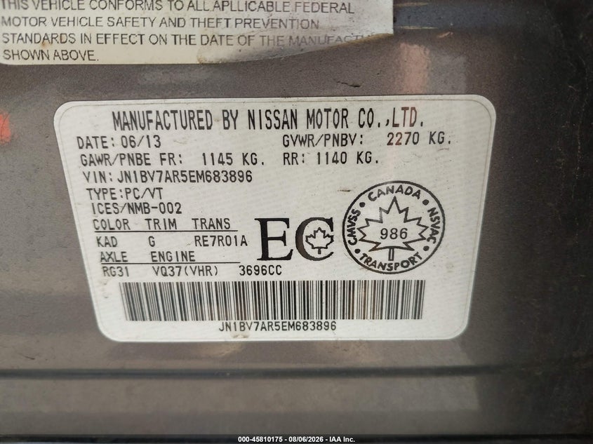 2014 Infiniti Q50 VIN JN1BV7AR5EM683896 IAAI salvage auction — REAR END, Wait Title, sold $1,500 on 2026-08-26 (photo 9)