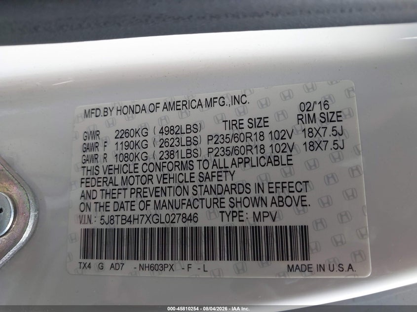 2016 Acura Rdx VIN 5J8TB4H7XGL027846 IAAI salvage auction — FRONT END, Salvage (Kentucky), sold $500 on 2026-09-03 (photo 9)