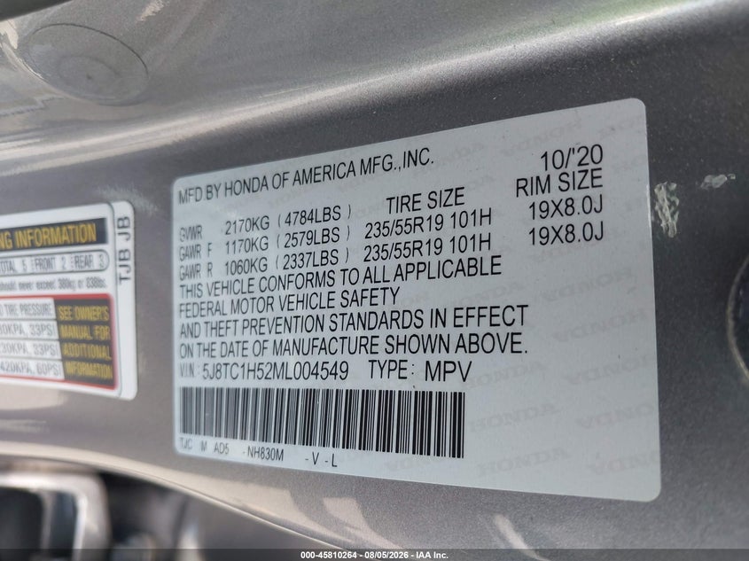 2021 Acura Rdx VIN 5J8TC1H52ML004549 IAAI salvage auction — SIDE, Wait Title, sold $6,300 on 2026-09-06 (photo 9)