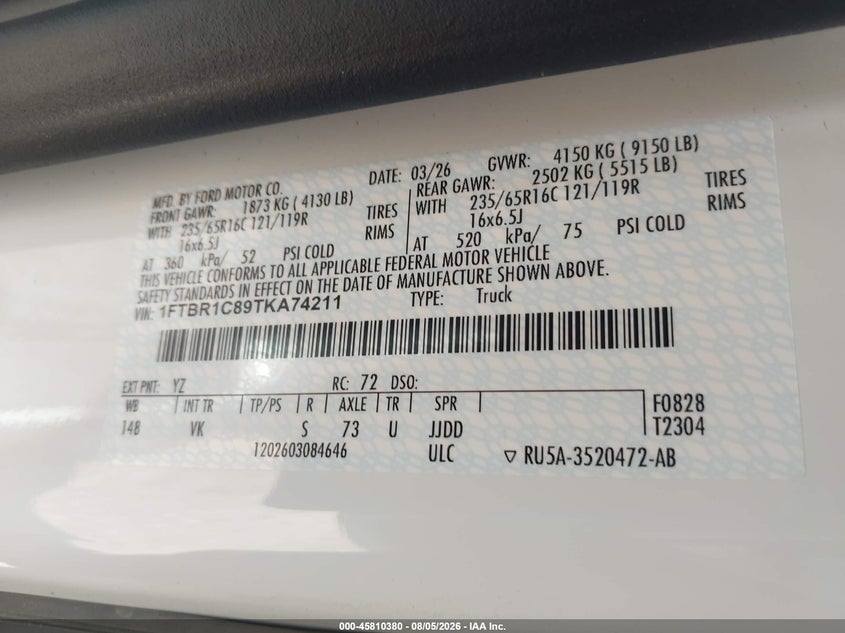 2026 Ford Transit VIN 1FTBR1C89TKA74211 IAAI salvage auction — RIGHT FRONT, Wait Title, sold $29,900 on 2026-08-13 (photo 9)