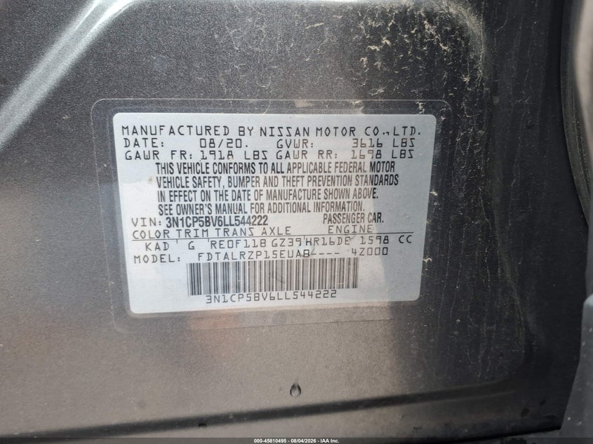 2020 Nissan Kicks VIN 3N1CP5BV6LL544222 IAAI salvage auction — NORMAL WEAR, SF97 (North Carolina), sold $5,300 on 2026-10-06 (photo 9)