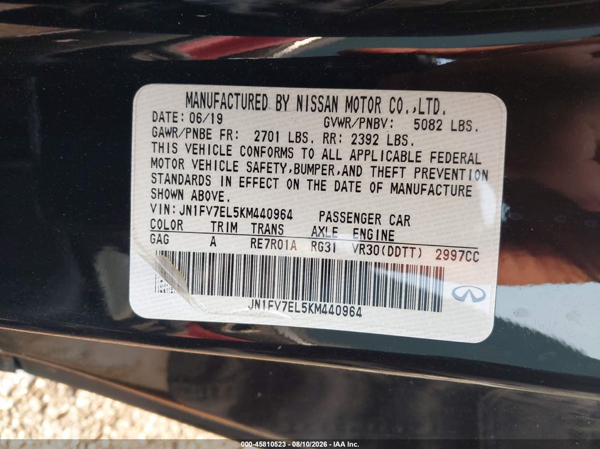 2019 Infiniti Q60 VIN JN1FV7EL5KM440964 IAAI salvage auction — NORMAL WEAR, Clear (Illinois), sold $1,250 on 2026-08-24 (photo 9)