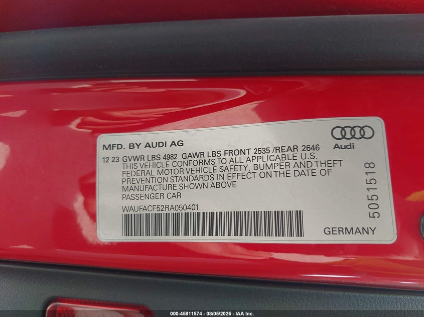 2024 Audi A5 VIN WAUFACF52RA050401 IAAI salvage auction — REAR END, Wait Title, sold $22,350 on 2026-08-24 (photo 9)
