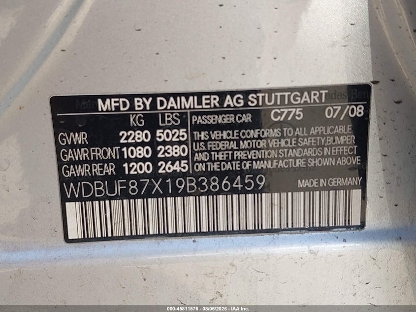 2009 Mercedes-benz E-klasse VIN WDBUF87X19B386459 IAAI salvage auction — RIGHT FRONT, Salvage (California), sold $750 on 2026-08-17 (photo 9)