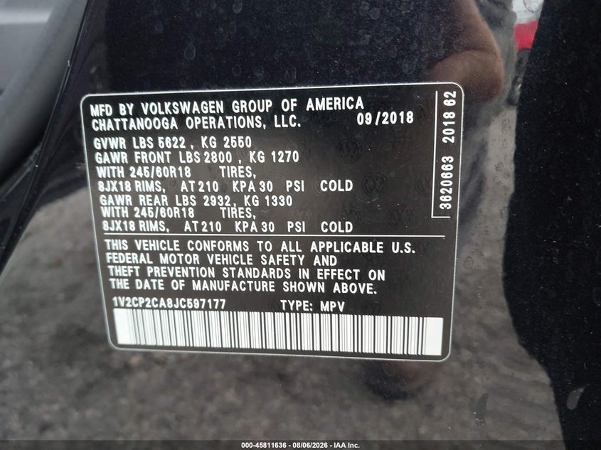 2018 Volkswagen Atlas VIN 1V2CP2CA8JC597177 IAAI salvage auction — RIGHT FRONT, Rebuildable (Florida), sold $2,650 on 2026-08-20 (photo 9)