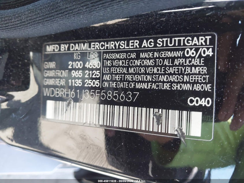 2005 Mercedes-benz C class VIN WDBRH61J35F585637 IAAI salvage auction — RIGHT SIDE, Salvage Certificate (California), sold $275 on 2026-08-28 (photo 9)