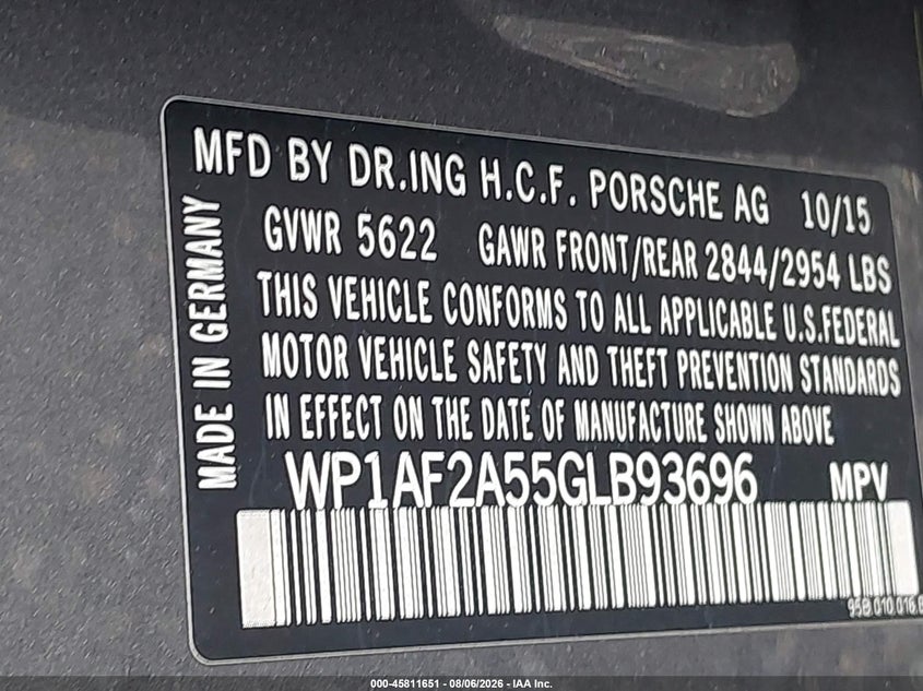 2016 Porsche Macan VIN WP1AF2A55GLB93696 IAAI salvage auction — FRONT END, Wait Title, sold $6,700 on 2026-08-18 (photo 9)