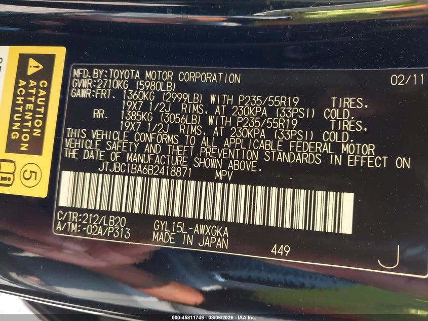 2011 Lexus Rx VIN JTJBC1BA6B2418871 IAAI salvage auction — FRONT END, Salvage (Ohio), sold $3,800 on 2026-08-29 (photo 9)