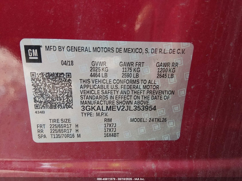 2018 Gmc Terrain VIN 3GKALMEV2JL353954 IAAI salvage auction — HAIL, Clear (Wisconsin), sold $5,325 on 2026-08-29 (photo 9)