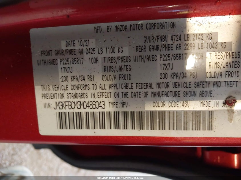 2021 Mazda Cx-5 VIN JM3KFBCM3M0486043 IAAI salvage auction — Burn Interior, Wait Title, sold $4,550 on 2026-10-22 (photo 9)
