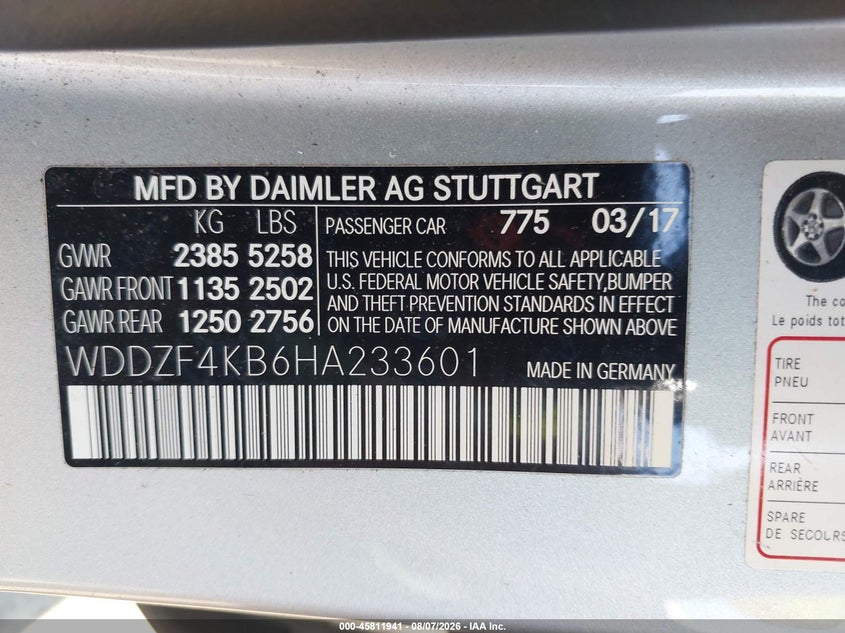 2017 Mercedes-benz VIN WDDZF4KB6HA233601 IAAI salvage auction — FRONT END, Salvage Title, sold $5,200 on 2026-08-21 (photo 9)