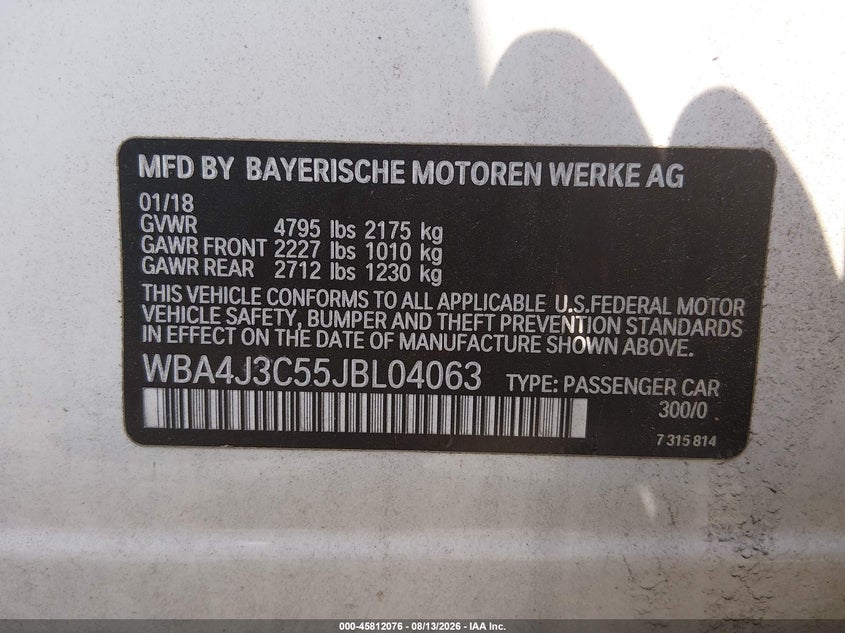 2018 BMW 4 series VIN WBA4J3C55JBL04063 IAAI salvage auction — NORMAL WEAR, Clear (New Jersey), sold $1,900 on 2026-08-20 (photo 9)