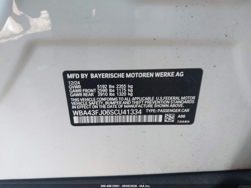2025 BMW 5er VIN WBA43FJ06SCU41334 IAAI salvage auction — FRONT END, Wait Title, sold $22,150 on 2026-10-09 (photo 9)