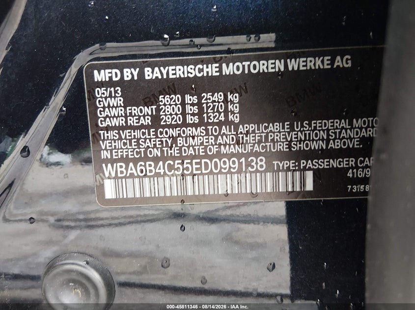 2014 BMW 6er VIN WBA6B4C55ED099138 IAAI salvage auction — FRONT END, Wait Title, sold $2,950 on 2026-09-11 (photo 9)