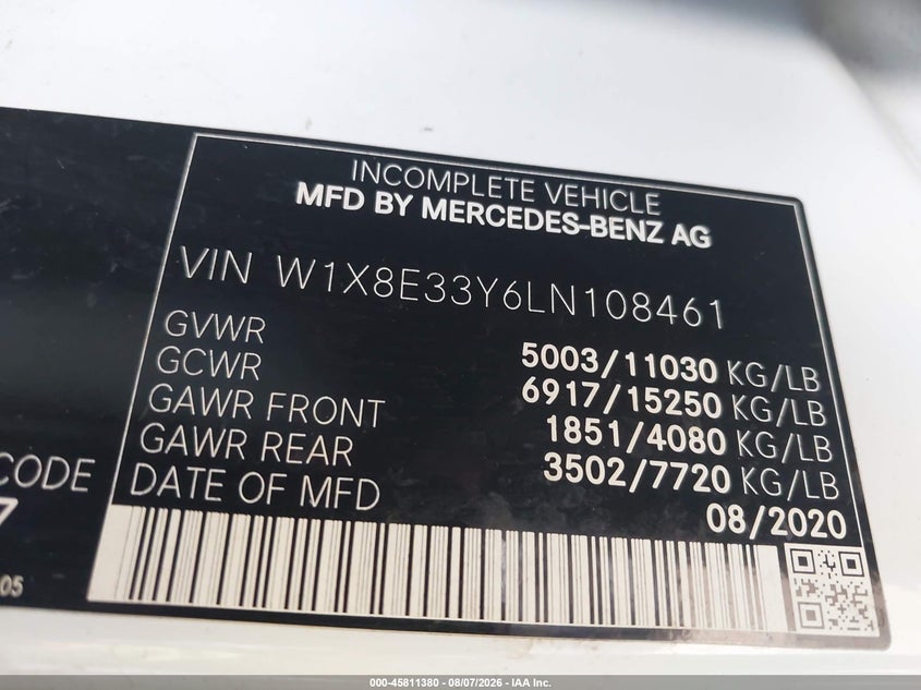 2020 Mercedes-benz Sprinter VIN W1X8E33Y6LN108461 IAAI salvage auction — ROOF, Wait Title, sold $16,600 on 2026-08-25 (photo 8)