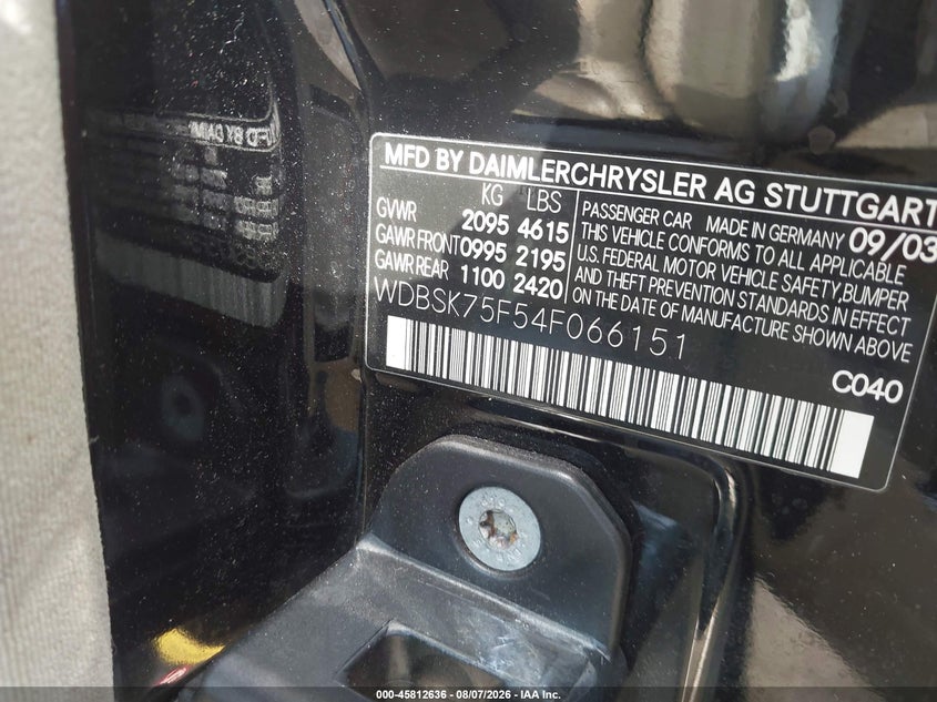 2004 Mercedes-benz Sl-class VIN WDBSK75F54F066151 IAAI salvage auction — FRONT END, Salvage (Ohio), sold $2,050 on 2026-08-20 (photo 9)
