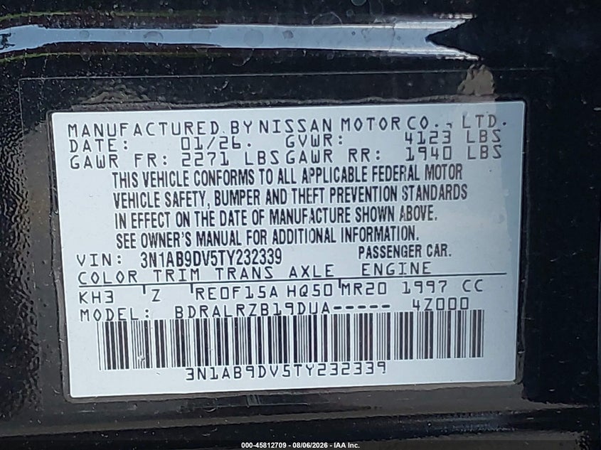 2026 Nissan Sentra VIN 3N1AB9DV5TY232339 IAAI salvage auction — SIDE, Enterprise Vehicles Clear Only (Florida), sold $8,200 on 2026-08-20 (photo 9)