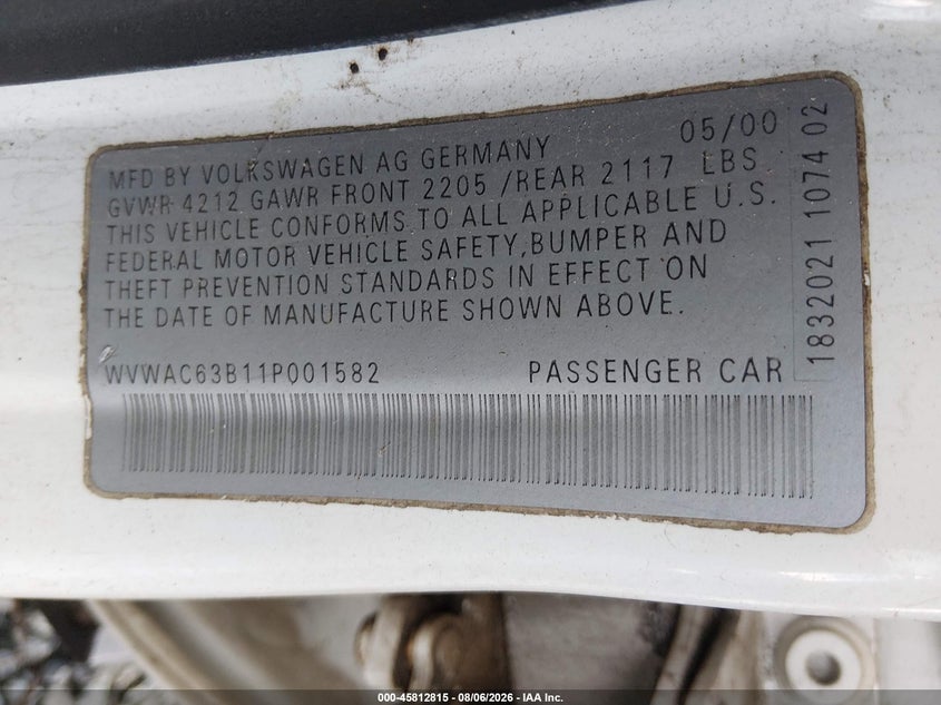 2001 Volkswagen Passat VIN WVWAC63B11P001582 IAAI salvage auction — NORMAL WEAR, Clear (Georgia), sold $250 on 2026-08-14 (photo 9)