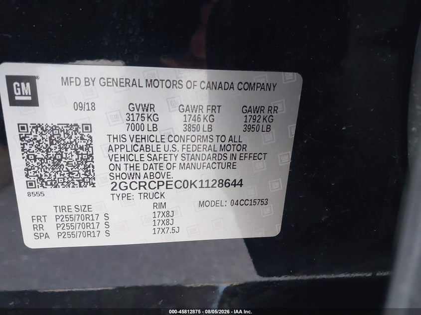 2019 Chevrolet Silverado 1500 VIN 2GCRCPEC0K1128644 IAAI salvage auction — UNKNOWN, Original (Texas), sold $7,025 on 2026-08-19 (photo 9)