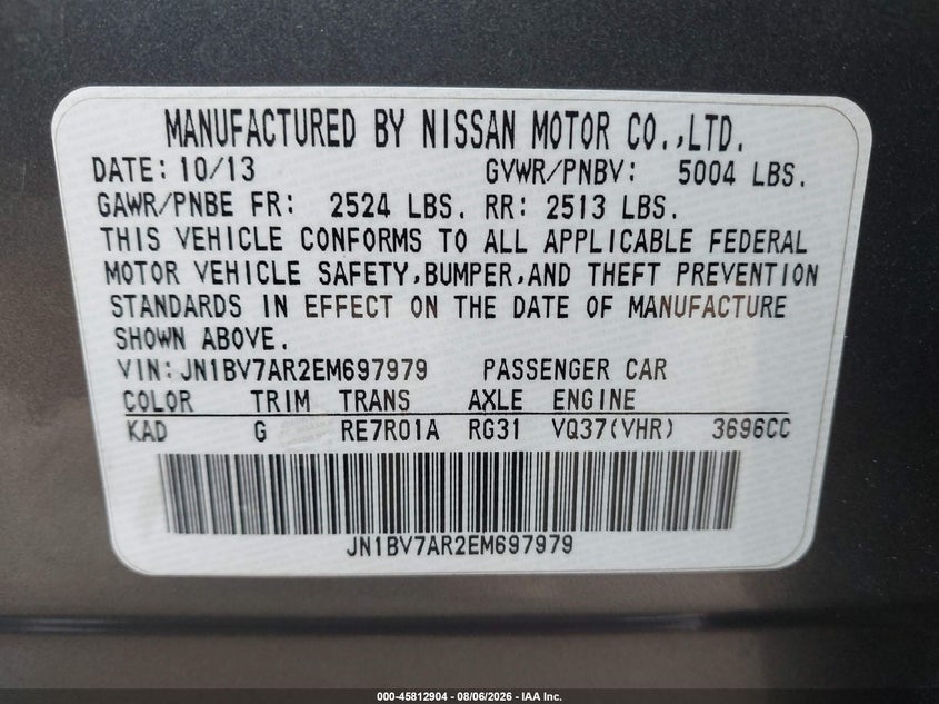2014 Infiniti Q50 VIN JN1BV7AR2EM697979 IAAI salvage auction — RIGHT SIDE, Bill Of Sale (Washington), sold $25 on 2026-08-20 (photo 9)