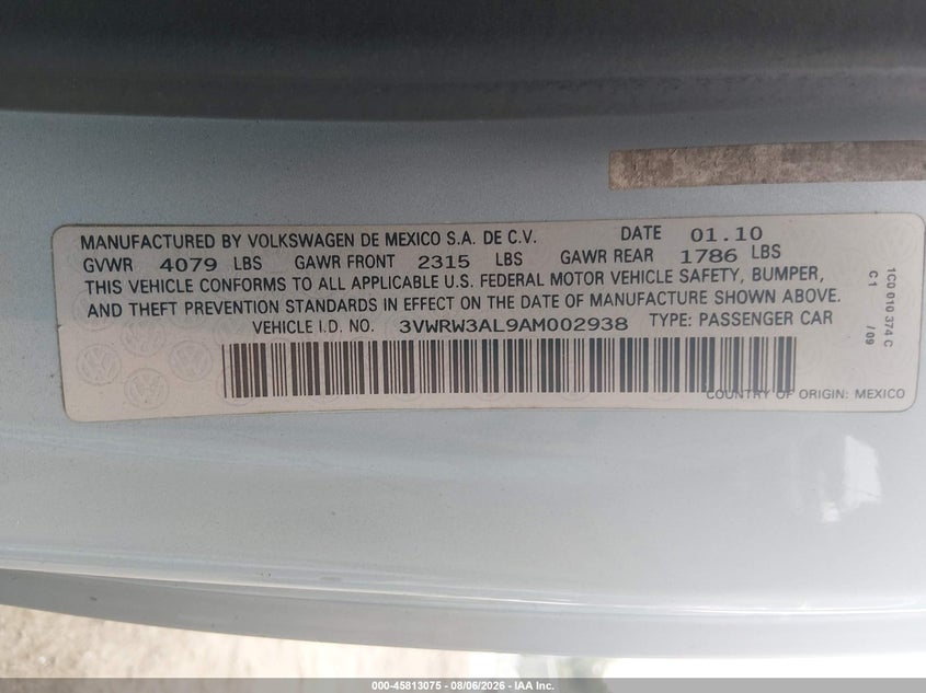 2010 Volkswagen Beetle VIN 3VWRW3AL9AM002938 IAAI salvage auction — LEFT FRONT, Salvage (Massachusetts), sold $100 on 2026-09-15 (photo 9)
