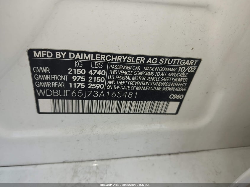 2003 Mercedes-benz E-class VIN WDBUF65J73A165481 IAAI salvage auction — ALL OVER, Clear (New York), sold $2,500 on 2026-08-17 (photo 9)