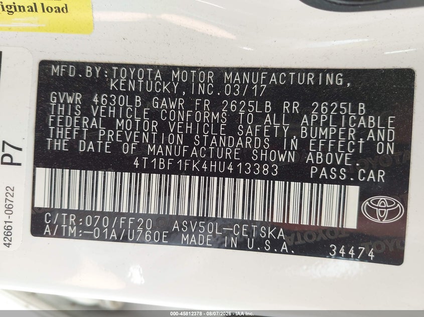 2017 Toyota Camry VIN 4T1BF1FK4HU413383 IAAI salvage auction — WATER/FLOOD, Salvage Title, sold $7,000 on 2026-08-15 (photo 9)