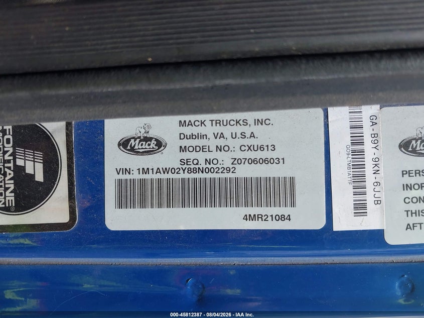 2008 Mack 600 rd600 VIN 1M1AW02Y88N002292 IAAI salvage auction — NORMAL WEAR, Sf97 (Hawaii), sold $15,450 on 2026-09-01 (photo 9)
