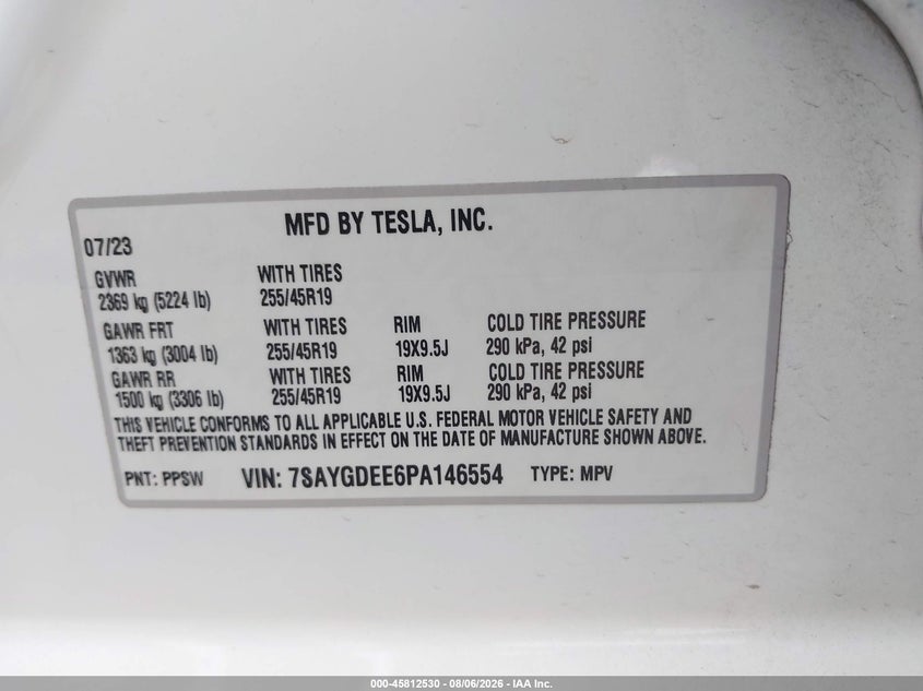 2023 Tesla Model y VIN 7SAYGDEE6PA146554 IAAI salvage auction — LEFT FRONT, Wait Title, sold $14,300 on 2026-09-03 (photo 9)