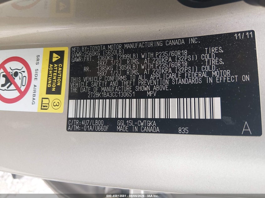 2012 Lexus Rx VIN 2T2BK1BA3CC130651 IAAI salvage auction — FRONT END, Wait Title, sold $3,400 on 2026-08-29 (photo 9)