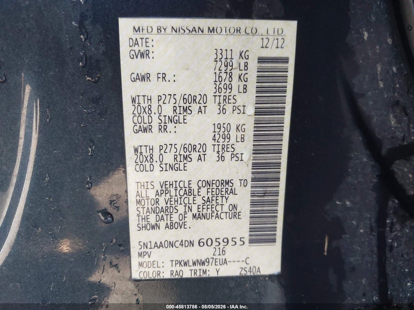 2013 Nissan Armada VIN 5N1AA0NC4DN605955 IAAI salvage auction — RIGHT REAR, Wait Title, sold $200 on 2026-09-09 (photo 9)