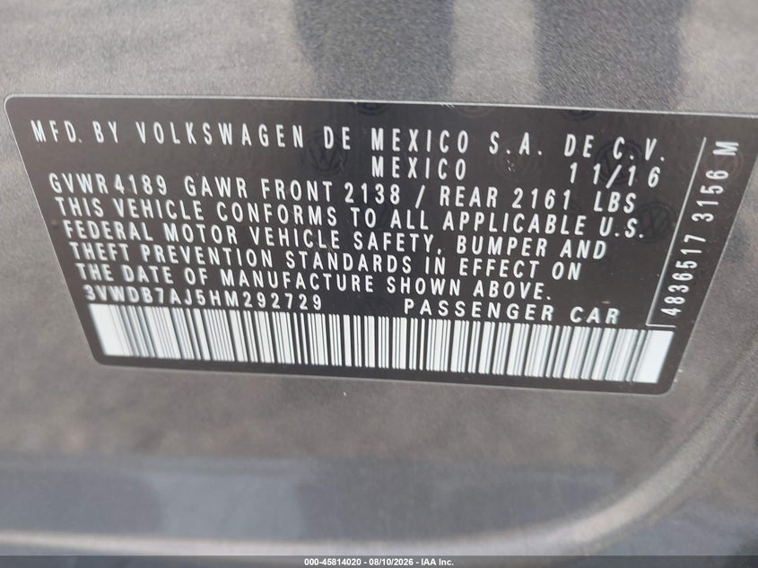 2017 Volkswagen Jetta VIN 3VWDB7AJ5HM292729 IAAI salvage auction — ROOF, Salvage (North Carolina), sold $2,600 on 2026-08-29 (photo 9)