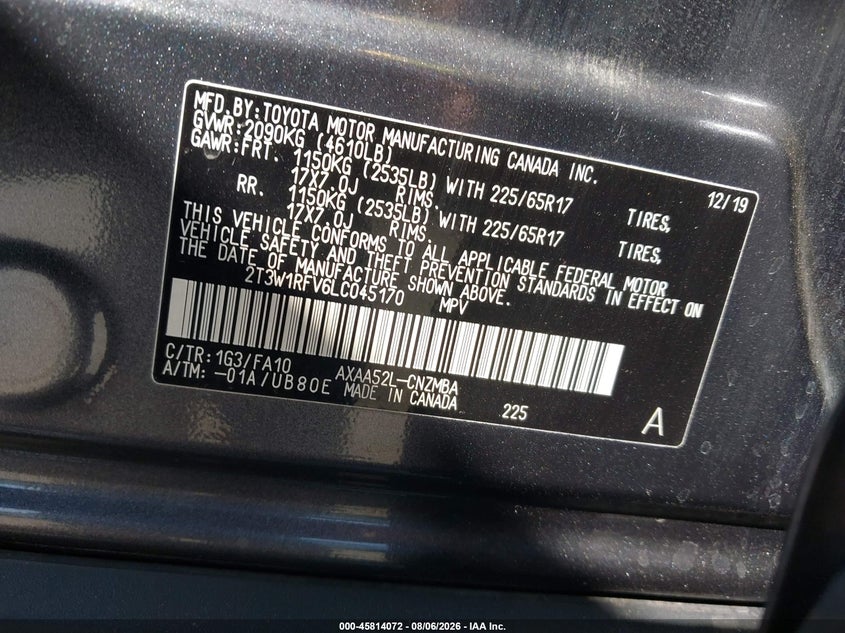 2020 Toyota Rav 4 VIN 2T3W1RFV6LC045170 IAAI salvage auction — LEFT REAR, Salvage (California), sold $9,450 on 2026-08-24 (photo 9)