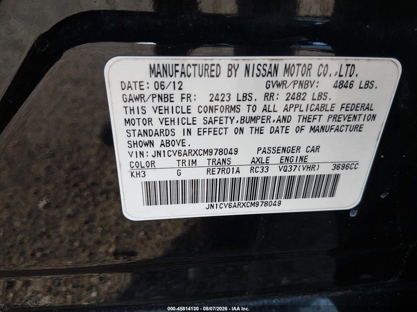 2012 Infiniti G VIN JN1CV6ARXCM978049 IAAI salvage auction — NORMAL WEAR, Salvage Title, sold $300 on 2026-08-25 (photo 9)