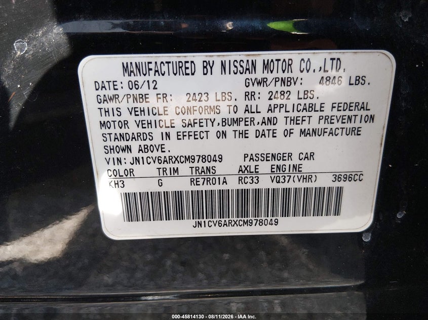 2012 Infiniti G VIN JN1CV6ARXCM978049 IAAI salvage auction — NORMAL WEAR, Salvage Title, sold $975 on 2026-09-01 (photo 9)