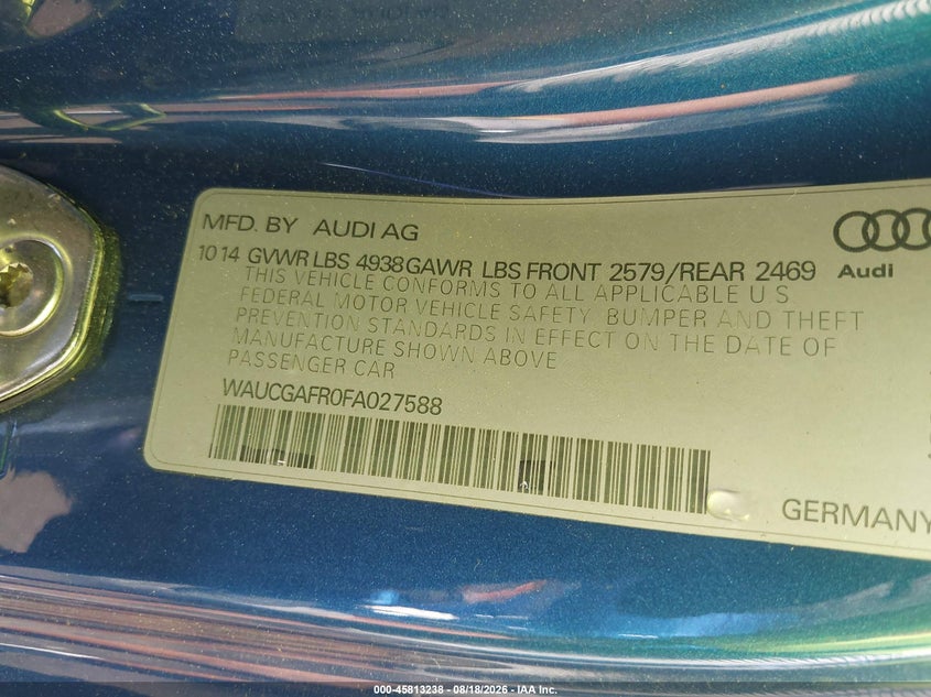 2015 Audi S5 VIN WAUCGAFR0FA027588 IAAI salvage auction — FRONT END, Wait Title, sold $3,500 on 2026-09-04 (photo 9)
