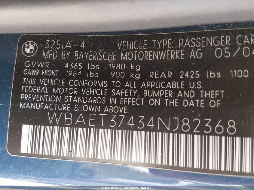 2004 BMW 3er VIN WBAET37434NJ82368 IAAI salvage auction — REAR END, Salvage (North Carolina), sold $1,625 on 2026-09-08 (photo 9)