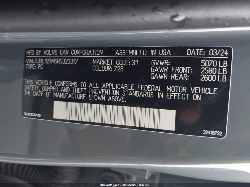 2024 Volvo S60 VIN 7JRL12TM6RG323317 IAAI salvage auction — REAR END, Salvage Title, sold $11,600 on 2026-08-31 (photo 9)