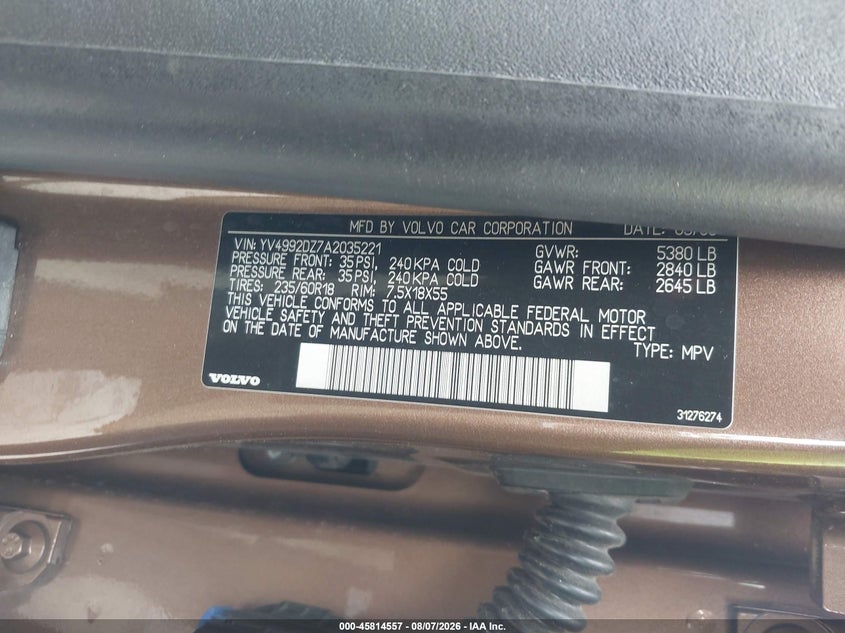 2010 Volvo Xc60 VIN YV4992DZ7A2035221 IAAI salvage auction — REAR END, Salvage (California), sold $650 on 2026-08-18 (photo 9)