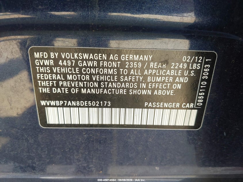 2013 Volkswagen Passat cc VIN WVWBP7AN8DE502173 IAAI salvage auction — NORMAL WEAR, Wait Title, sold $450 on 2026-08-19 (photo 9)